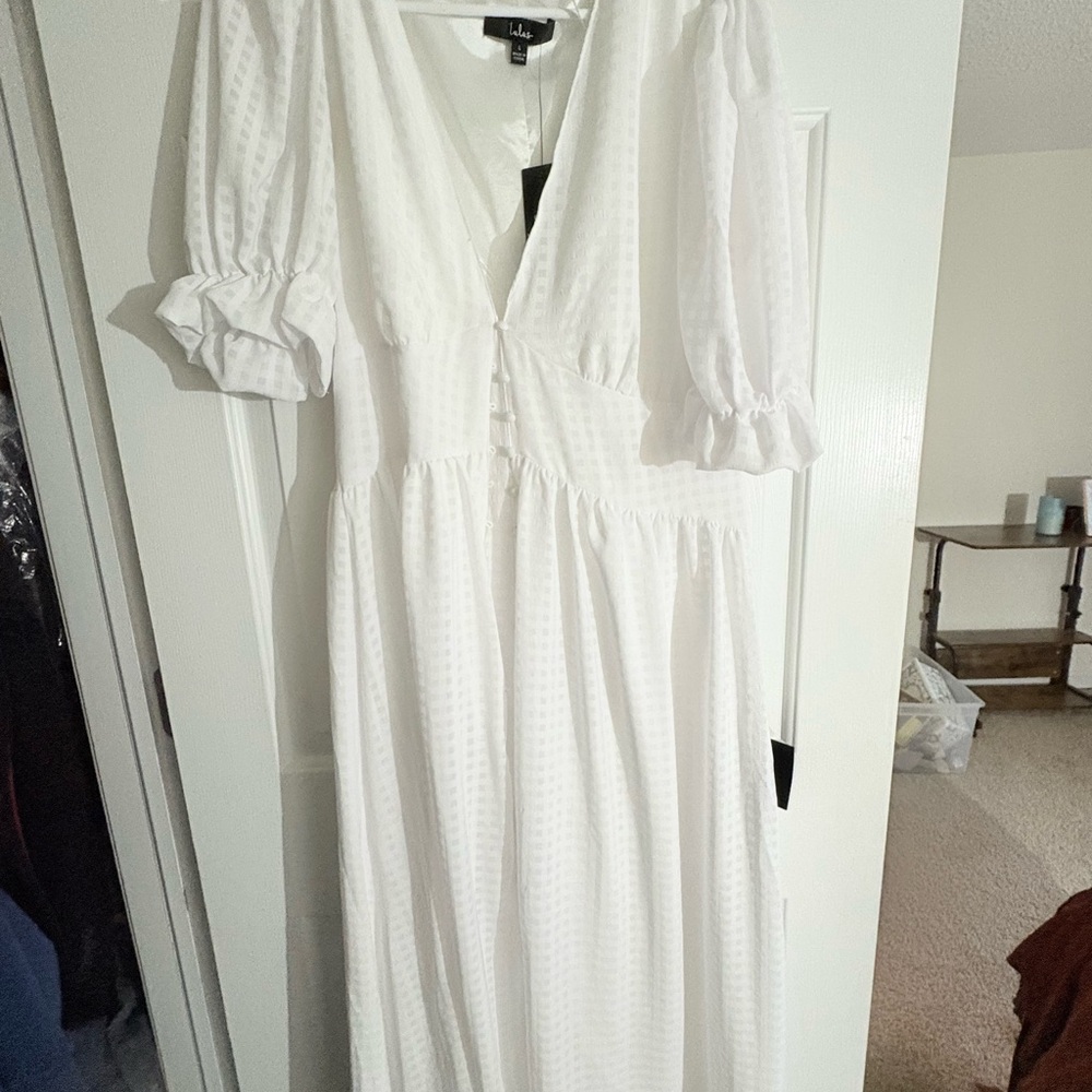 Right Next To You White Puff Sleeve Button-Up Midi Dress